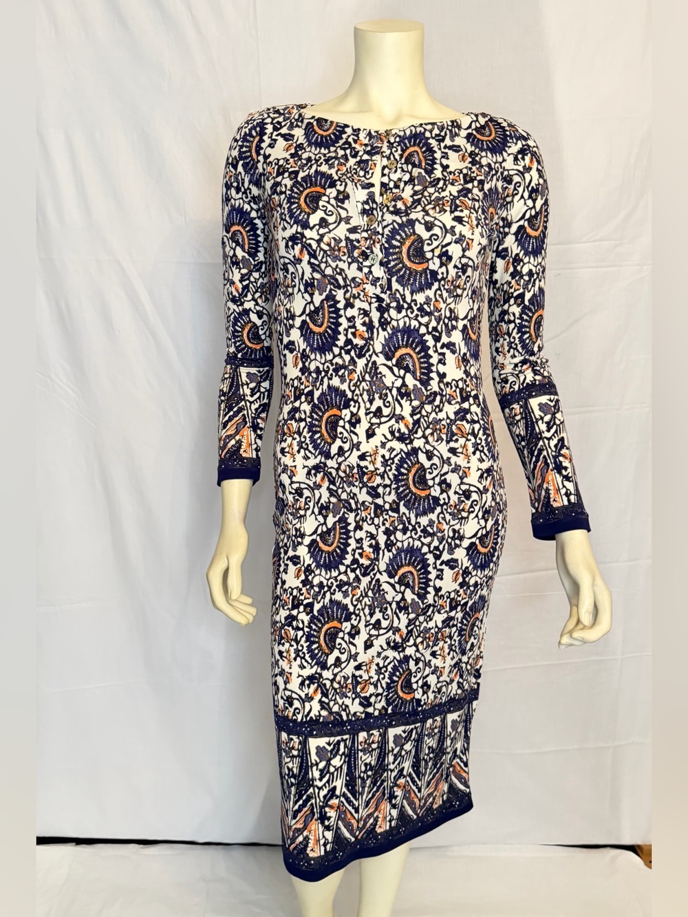 Women's Navy and White Printed Long Sleeve Dress